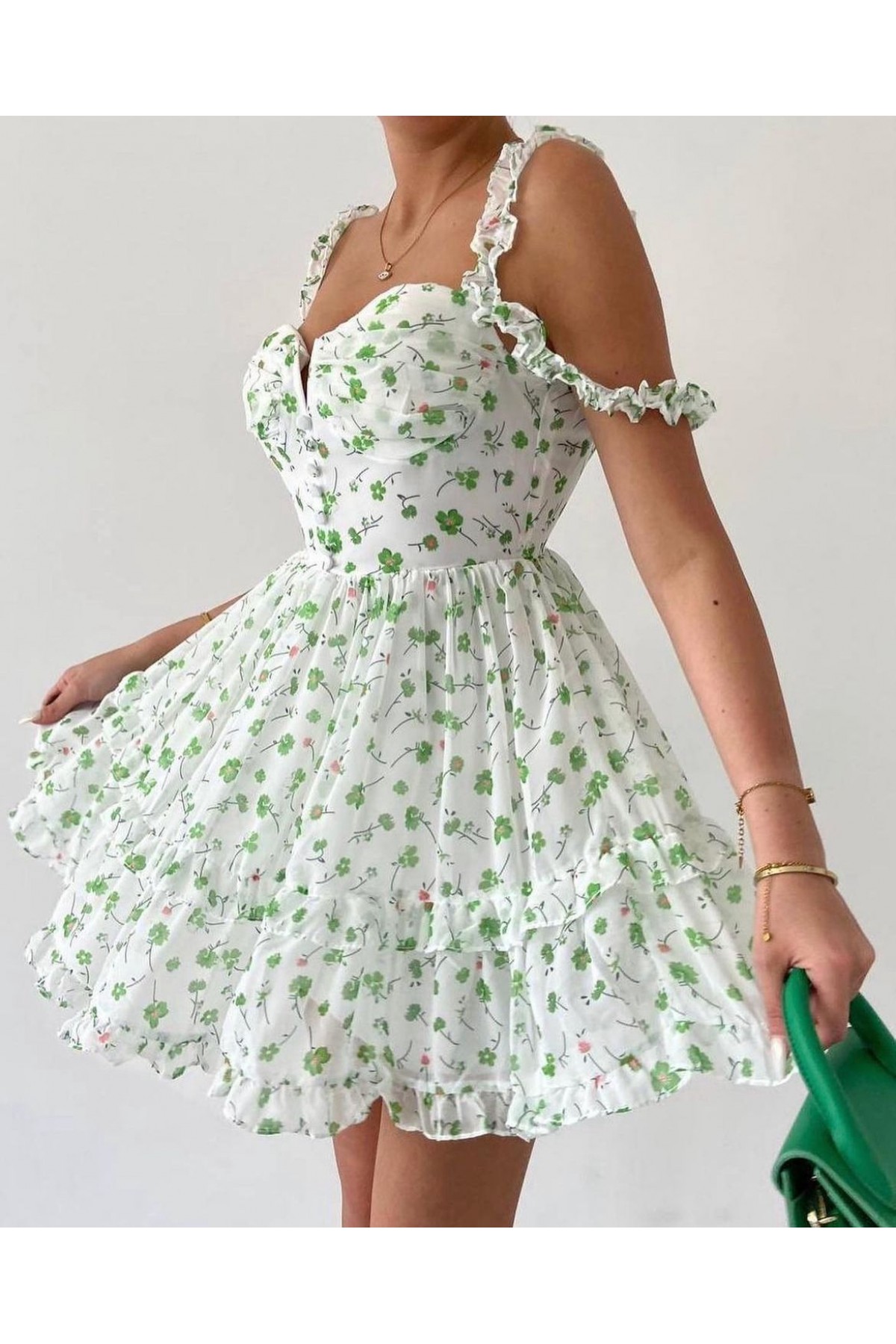 Çift Askılı Çiçek Desenli Şifon Elbise-Yeşil